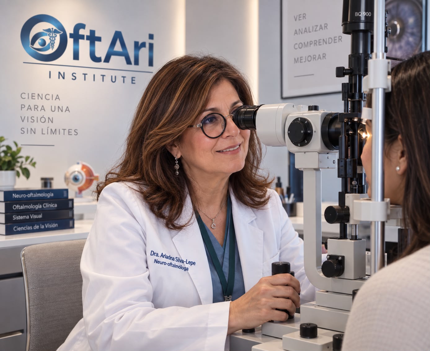 La Dra. Ariadna Silva Lepe explorando a una paciente en la lámpara de hendidura