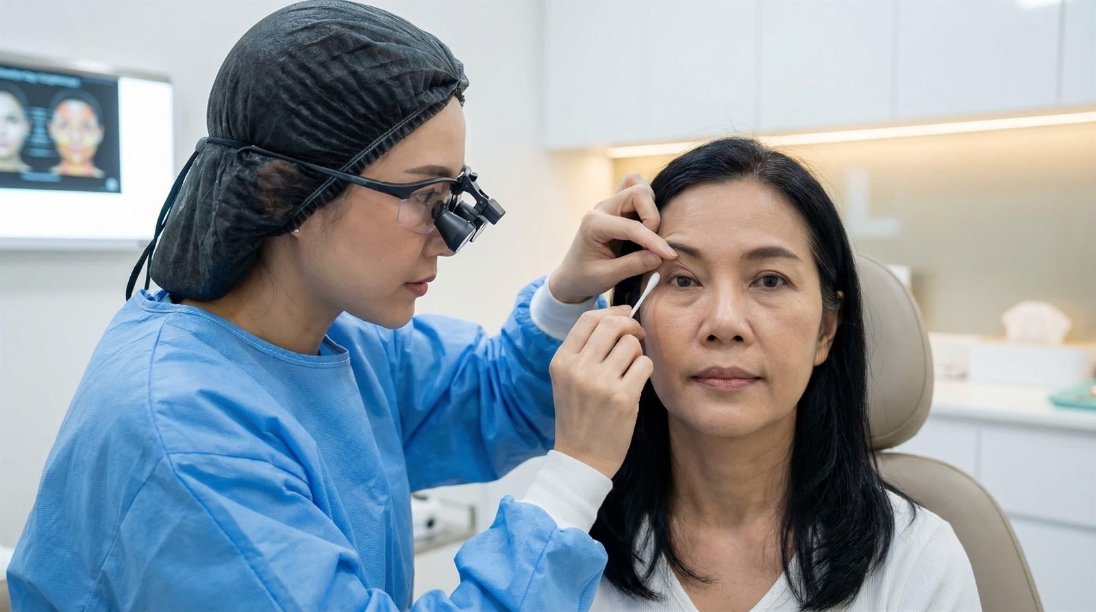 Cirujana oftalmóloga explorando el párpado superior de una paciente con ptosis