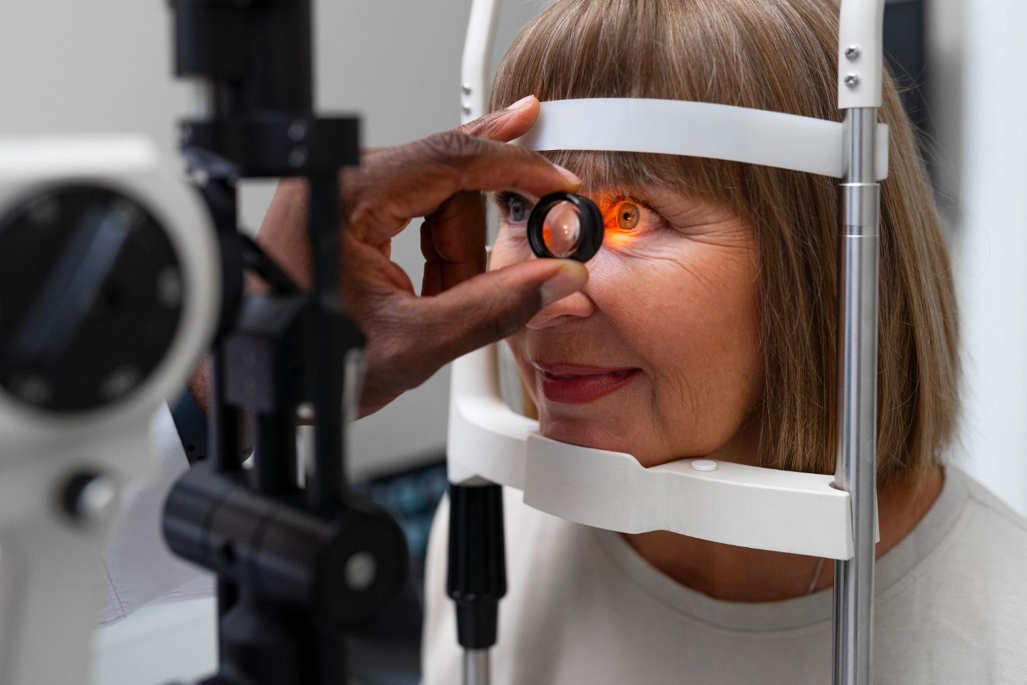 Revisión de retina con dilatación pupilar en un paciente con diabetes